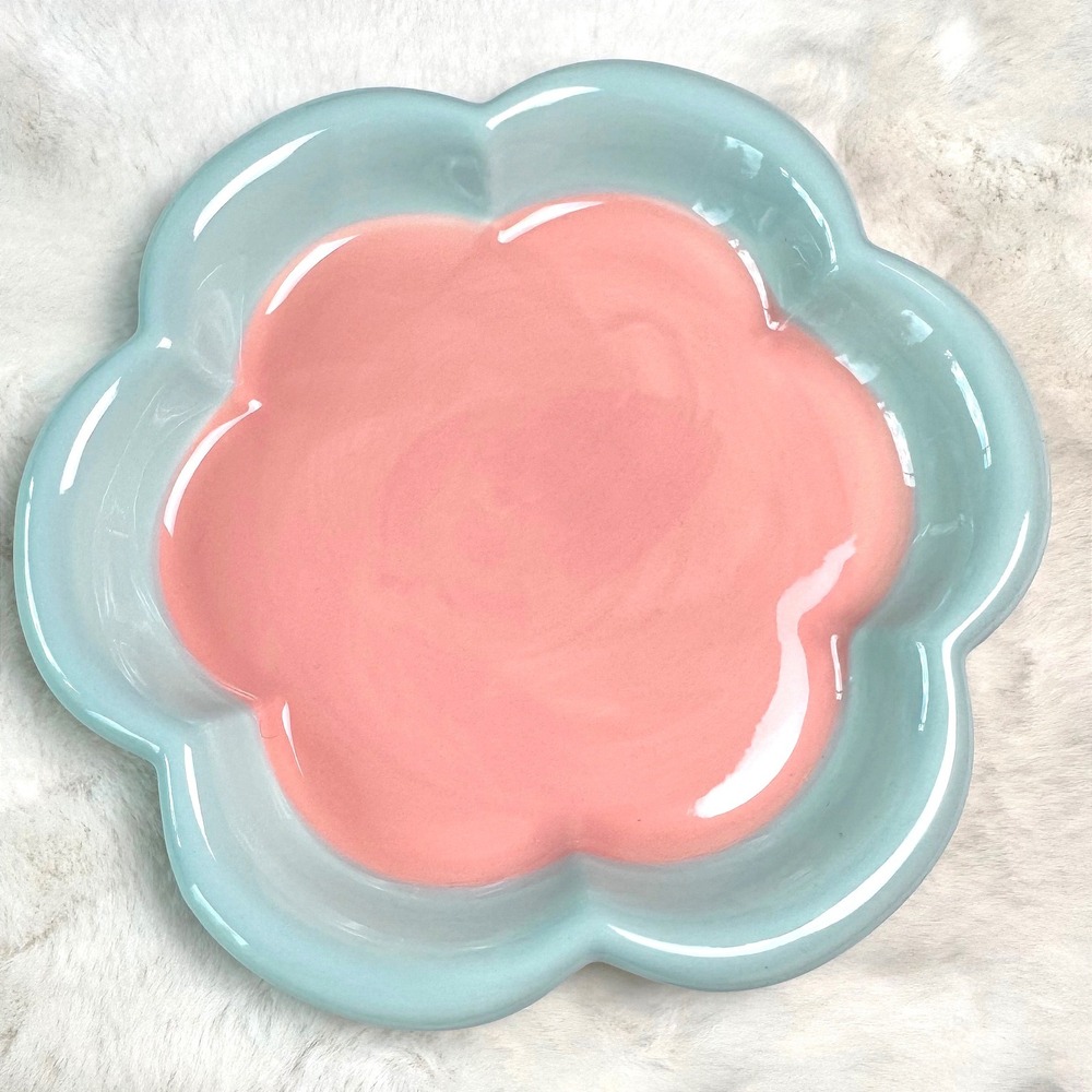 New Large Pink Blue Flower Ceramic Trinket Dish Scalloped Jewelry Tray